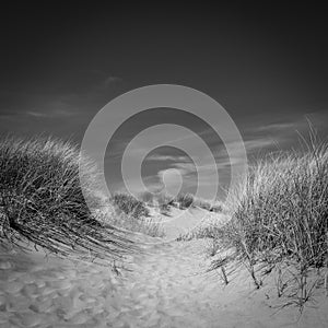 A black and white scenic view of Ainsdale Sands, Southport, Merseyside, Greater Manchester