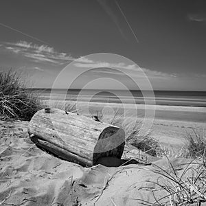 A black and white scenic view of Ainsdale Sands, Southport, Merseyside, Greater Manchester