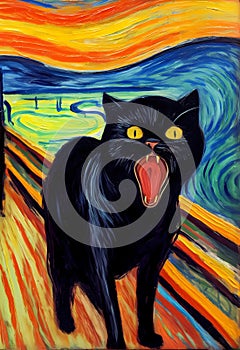 black and white screaming cat, angry cat, cat screaming generated by ai, generative assistant.