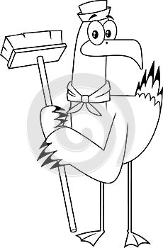 Black And White Seagull Bird Sailor Cartoon Character With Cleaning Brush