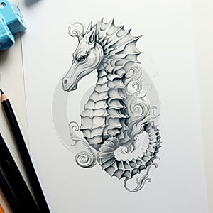 Black And White Seahorse Pencil Drawing With Classic Tattoo Motifs