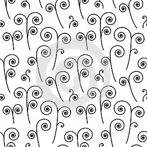 Black and white seamless abstract hand-drawn pattern with black spiral ornamental organic shapes and curls. Background