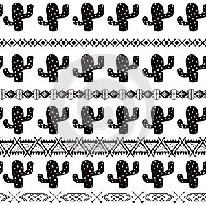 Black and white seamless cactus tribal ethnic pattern Aztec abstract background Mexican ornamental texture