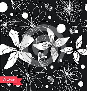 Black and white seamless floral pattern. Decorative ornate background with fantasy flowers