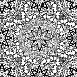 Black and white seamless mandala pattern. Monochrome seamless background with stars. Hand-drawn vector illustration