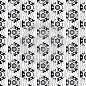 Black and white seamless modern hexagons pattern with floral elements