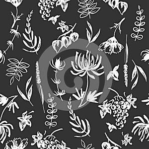 Black and white seamless patterm based on hand painted ink autumn leaves, flowers, herbs and berries