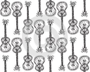 Black and White Seamless Pattern. Acoustic Guitar