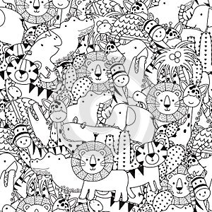 Black and white seamless pattern with adorable safari animals. Coloring page for adult and kids photo