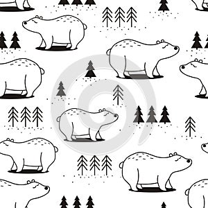 Black and white seamless pattern, bears and fir-trees