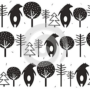 Black and white seamless pattern with bears, fir trees and trees. Decorative cute background with animals, forest