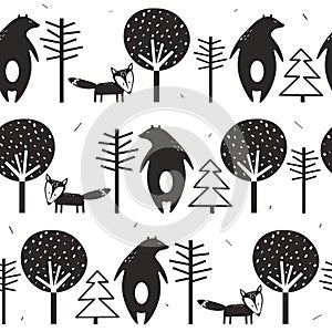 Black and white seamless pattern, bears, foxes and trees. Decorative cute background with animals, forest