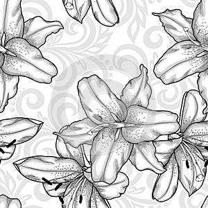 Black and white seamless pattern with blue lilies flowers and abstract floral swirls