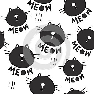 Black and white seamless pattern with cats. Decorative cute background with animals, meow