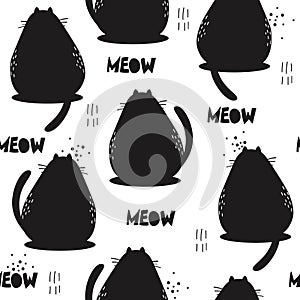 Black and white seamless pattern with cats. Decorative cute background with funny animals, meow