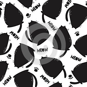 Black and white seamless pattern with cats. Decorative cute background, funny animals, meow