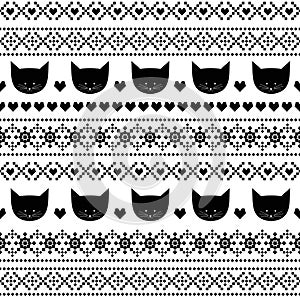 Black and white seamless pattern with cats for kids holidays. Scandinavian sweater style.