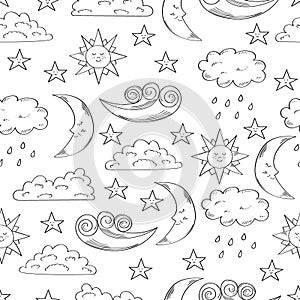 Black and white seamless pattern with cute doodle sun, moon, clouds and stars.