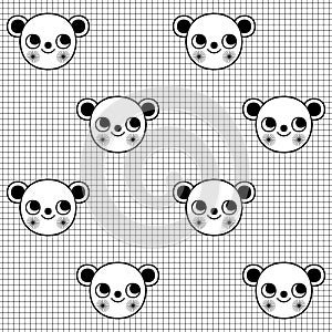 Black and white seamless pattern with cute monkey character on grid background