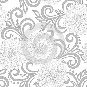 Black and white seamless pattern with dahlia flowers and abstract floral swirls