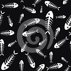 Black and white seamless pattern with dead fish skeletons. Repetitive background with aquatic creature spines for pets and cats