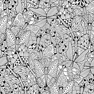 Black and white seamless pattern with doodle butterflies