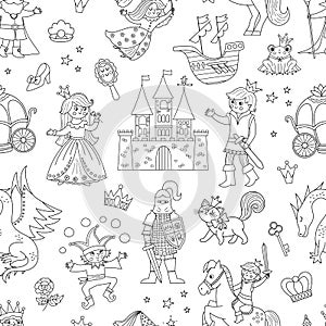 Black and white seamless pattern with fairy tale characters and objects. Outline repeat background with fantasy princess, king,