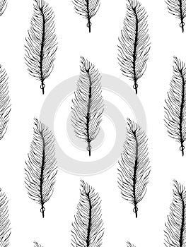 Black white seamless pattern with feathers. Boho Style Elements. Vector Drawing.