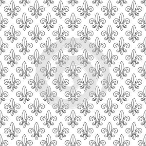 Black and white seamless pattern with fleur de lis, heraldic lily. Vector background.