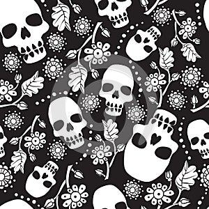 Black and white seamless pattern with flowers and skulls. Black background.