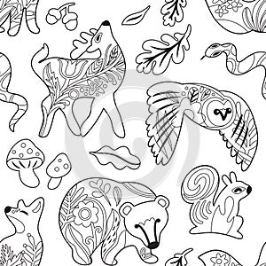 Black and white seamless pattern with forest animals in folk style. Coloring print