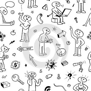Black and White Seamless Pattern. Funny Doodle People and Items