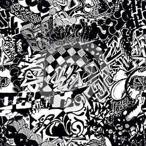 Black and white seamless pattern graffiti, sticker bombing