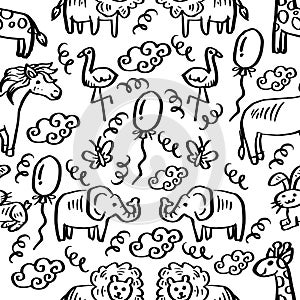 Black and white seamless pattern with hand drawn doodle animals.