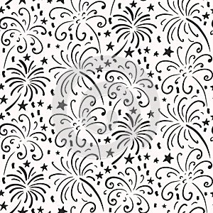 Black and white seamless pattern with hand drawn fireworks. Monochrome holiday vector endless background