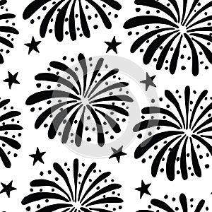 Black and white seamless pattern with hand drawn fireworks and stars. New Year celebration or party concept.