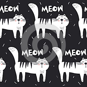 Black and white seamless pattern with happy cats. Decorative cute  background with animals