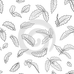 Black and white seamless pattern holly, ilex branch with leaves on white background. design holiday greeting cards and invitations