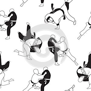 Black and white, seamless pattern with the image of judo techniques. Martial arts exercises.