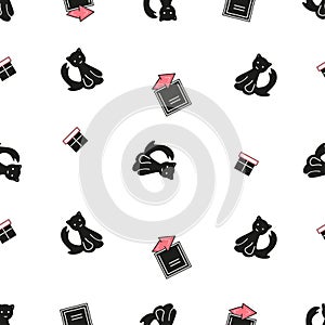 Black and white seamless pattern imaging smiling black cat with presents, gifts