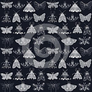 Black and white seamless pattern with white ink moth on dark background
