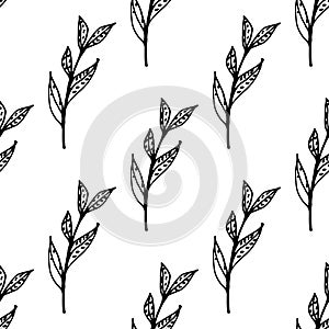 Black and white seamless pattern with leafy elements