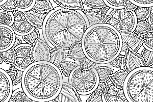 Black and white seamless pattern with lemons, oranges and leaves. Graphic citrus background.