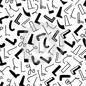 Black and white seamless pattern with the letter L in various styles, hand lettering.