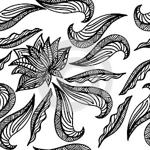 Black white seamless pattern with lotus. Boho Style Elements. Vector Drawing.