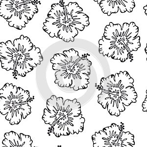 Black and white seamless pattern with outlined hibiscus