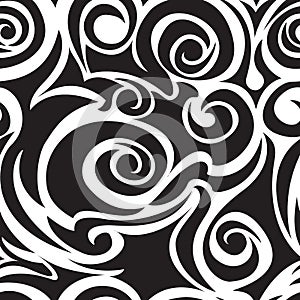 Black-white seamless pattern of spirals and curls. Decorative ornament for background