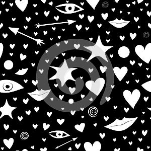 Black and white seamless pattern with stars, hearts, lips, arrows, eyes. colorful and festive