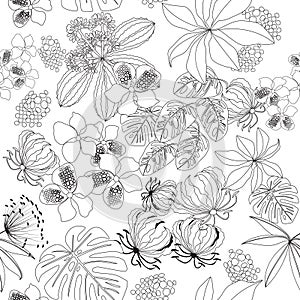 black-white seamless pattern tropical plants on yellow bakground