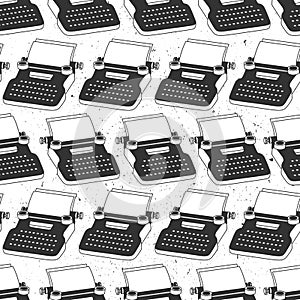 Black and white seamless pattern with typewriters, sheets of paper. Decorative background, objects for writing